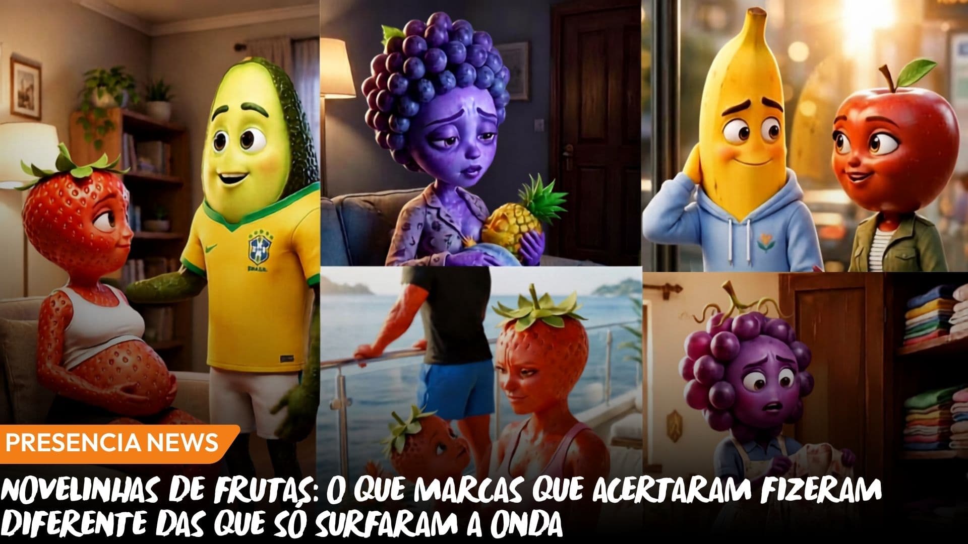 Personagens de frutas animadas por inteligência artificial em cena de novela, remetendo à trend das novelinhas de frutas usada por marcas