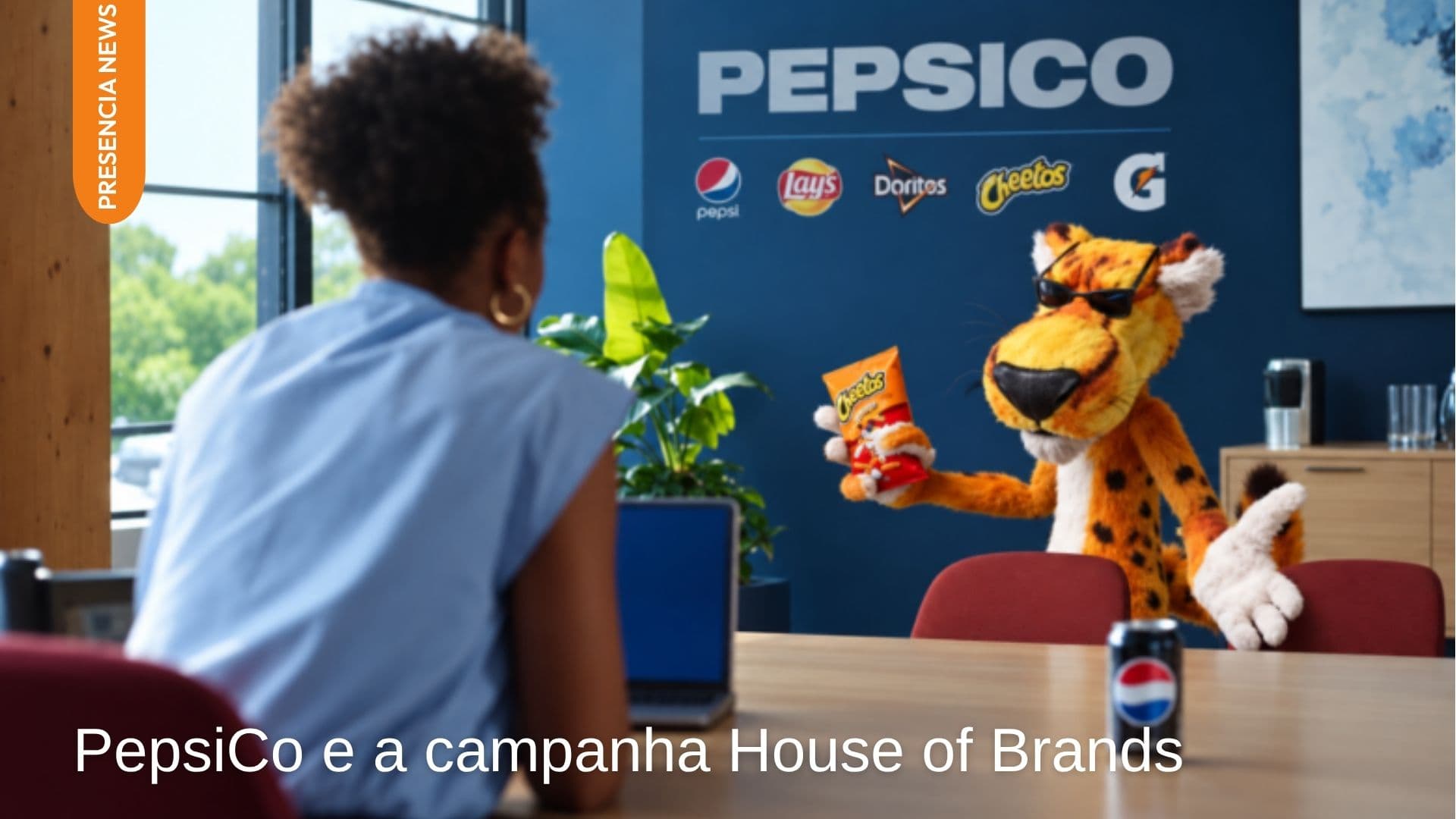 Embalagens de marcas como Lay's, Doritos, Cheetos, Gatorade e Quaker organizadas ao lado do logotipo da PepsiCo, representando a campanha House of Brands que conecta os produtos à empresa-mãe